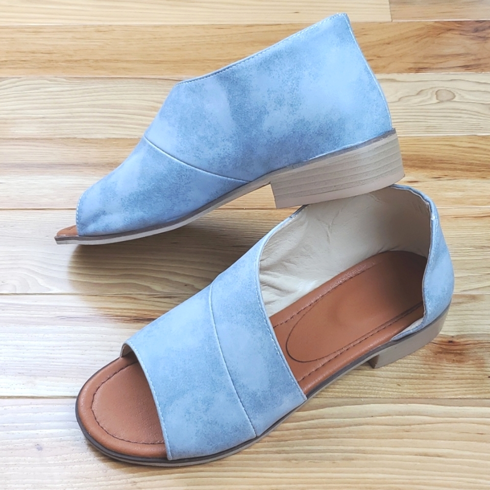 Baby Blue Suede Open Toe Flats Size 39 EUR/8 US